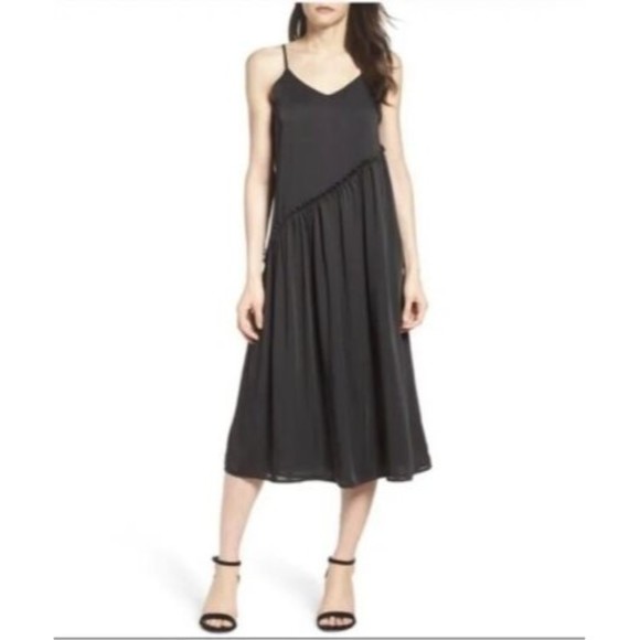 Chelsea28 Satin Midi Slip Dress XS Diagonal Waist Black V-Neck Ruffle Spaghetti - Picture 1 of 8